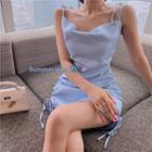 Spaghetti Strap Drawstring Mini Bodycon Dress As Shown In Figure - One Size