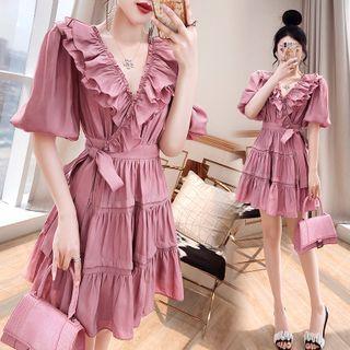 Puff-sleeve Ruffled Tie-waist Tiered Mini A-line Dress