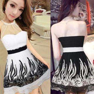 Halter Lace Trim A-line Dress