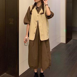 Puff-sleeve Plain Midi Dress / Button-up Vest