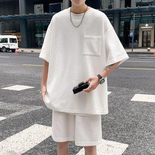 Short-sleeve Striped T-shirt + High-waist Plain Shorts
