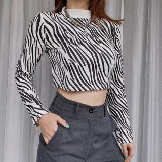 Mock-neck Printed Zebra Cropped Top