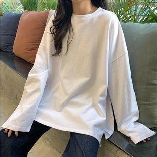 Loose-fit Long Sleeve Side-slit Plain T-shirt