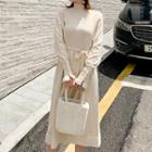 Tie-waist Long-sleeve Knit Midi A-line Dress