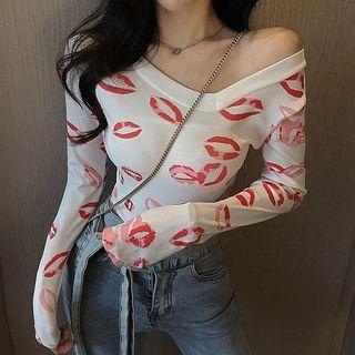 Long-sleeve Lip Print Top As Shown In Figure - One Size