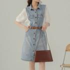 Puff-sleeve Cut-out Midi A-line Dress