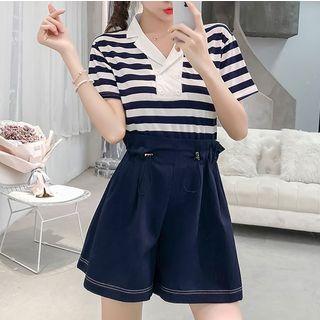 Set: V-neck Striped Short-sleeve T-shirt + High Waist Shorts