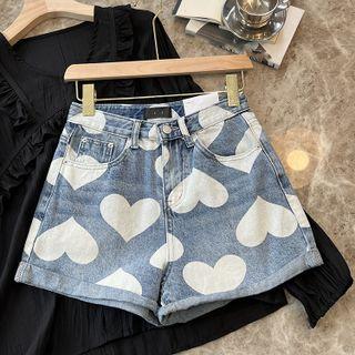 Heart Print Roll-up Denim Shorts