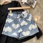 Heart Print Roll-up Denim Shorts