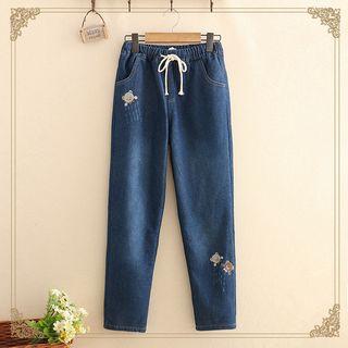 Bear Embroidered Fleece-lined Jeans