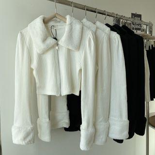 Set: Fluffy Collar Cropped Zip-up Cardigan + Mini Pencil Skirt