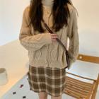 Cable-knit Cardigan / Plaid Mini Straight-fit Skirt