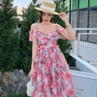 Short-sleeve Cold Shoulder Floral Print Ruffled A-line Dress