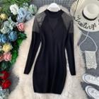 Mesh Panel Long-sleeve Knit Sheath Dress Black - One Size