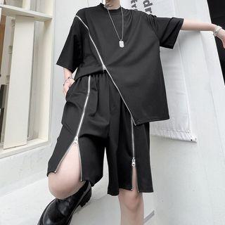 Set: Short-sleeve Asymmetrical Plain Zip T-shirt + Shorts