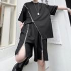 Set: Short-sleeve Asymmetrical Plain Zip T-shirt + Shorts