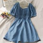 Puff-sleeve Ruched A-line Dress Blue - One Size
