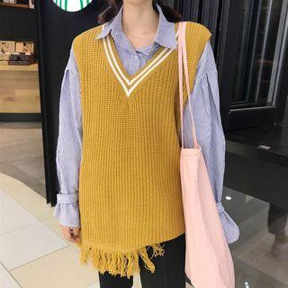 Contrast Trim V-neck Fringed Knit Vest