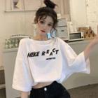 Mock Two-piece Camisole Top Panel Elbow-sleeve Lettering T-shirt