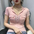 Hooded Short-sleeve Zip Knit Top