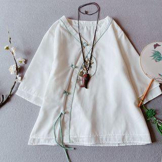 Elbow-sleeve Embroidered Frog-button Blouse