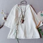 Elbow-sleeve Embroidered Frog-button Blouse