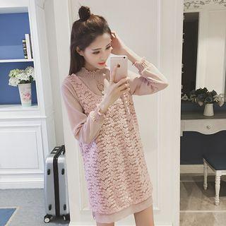 Set: Plain Long-sleeve Dress + Lace Sleeveless Dress