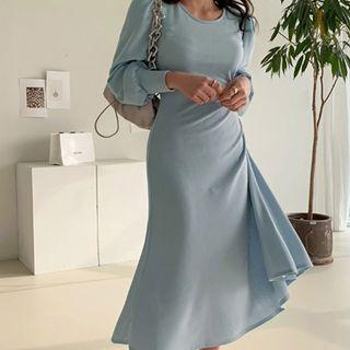 Puff-sleeve Shirred Flared Long Dress