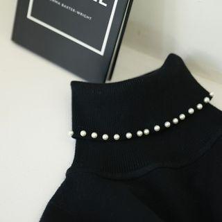 Beaded Turtleneck Knit Top