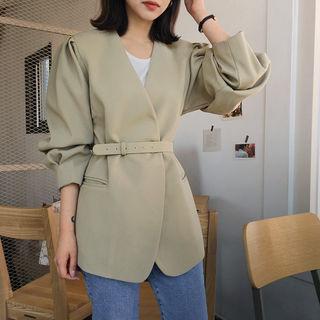 Collarless Pintuck-trim Jacket With Belt