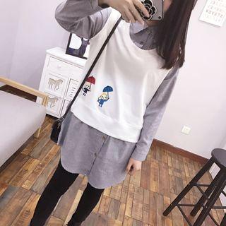 Embroidered Mock Two-piece Striped Long Shirt