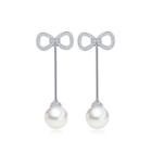 Fashion Simple Ribbon Tassel Imitation Pearl Earrings With Cubic Zirconia Silver - One Size
