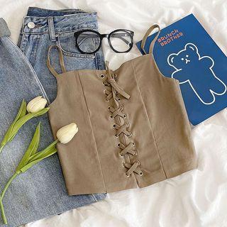 Plain Lace-up Cropped Camisole Top Khaki - One Size