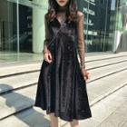 Set: Sheer Mesh Top / Sleeveless Velvet Dress Black - One Size