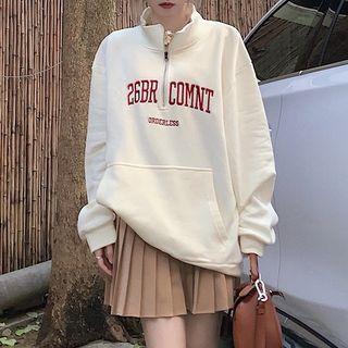 Lettering Half-zip Sweatshirt / Pleated A-line Skirt