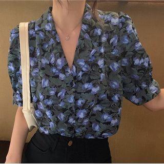 Floral Print Notch Lapel Puff-sleeve Blouse Floral - Blue - One Size
