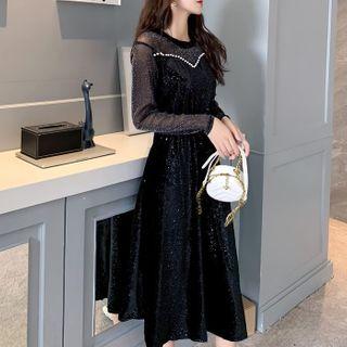 Glitter Mesh Panel Long-sleeve Midi A-line Velvet Dress