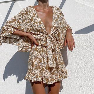 Bat-sleeve Tie-front Ruffle-trim Jumpsuit