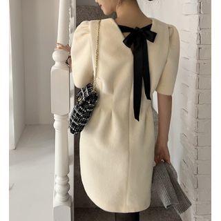 Elbow-sleeve Tie-back Mini A-line Dress Almond - One Size