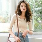 3/4-sleeve Knit Top Almond - One Size