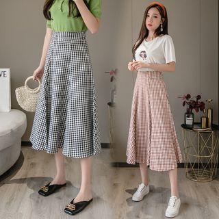High Waist Gingham Midi A-line Skirt