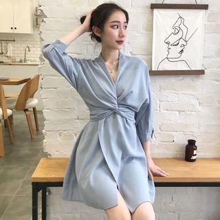 3/4-sleeve Twisted Wrap Dress