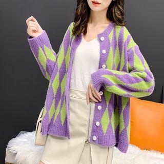 Contrast Color Argyle Knit Cardigan Purple - One Size