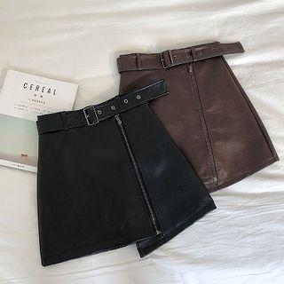 Asymmetric Zip High-waist A-line Skirt With Belt