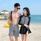 Couple Matching Long-sleeve Checkerboard Swim Dress / Beach Shorts