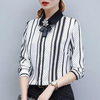 Print Chiffon Shirt With Brooch