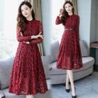 Long Sleeve Stand Collar Buttoned Lace Dress