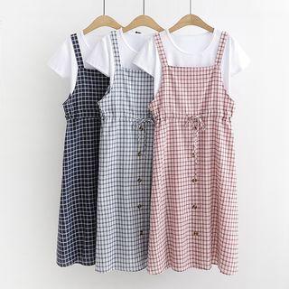 Set: Plain Short-sleeve T-shirt + Plaid Jumper Dress