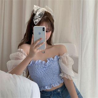 Ruffled Puff-sleeve Cropped Top As Shown In Figure - One Size