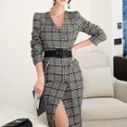 Long-sleeve Houndstooth Sheath Coat Dress